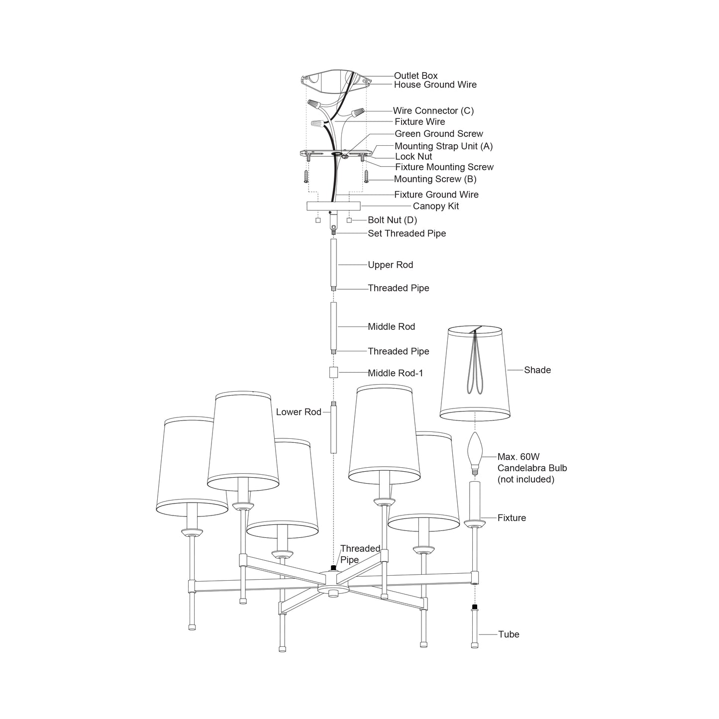 Exploded installation diagram of the Camden 30-inch 6 Light Chandelier showing wiring, rods, threaded pipes, shades, sockets, and assembly parts