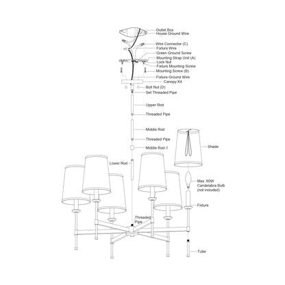 Exploded installation diagram of the Camden 30-inch 6 Light Chandelier showing wiring, rods, threaded pipes, shades, sockets, and assembly parts