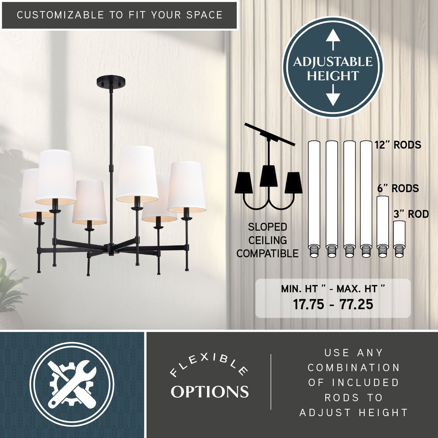 Camden 30-inch 6 Light Chandelier showing adjustable height feature with included 12-inch, 6-inch, and 3-inch rods and sloped-ceiling compatibility