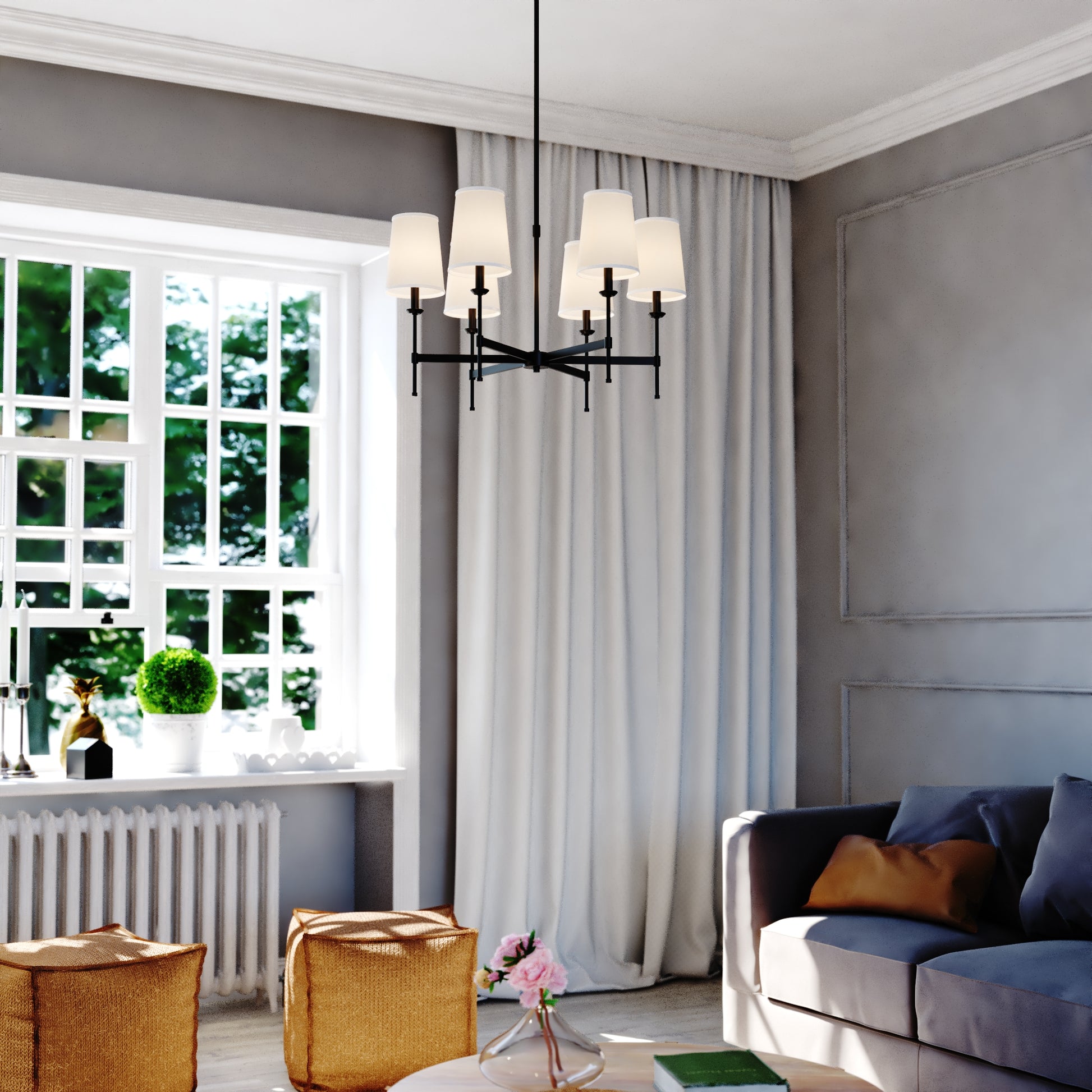 Camden 30-inch 6 Light Chandelier displayed in a cozy living room with grey walls, large window, white curtains, and modern décor elements