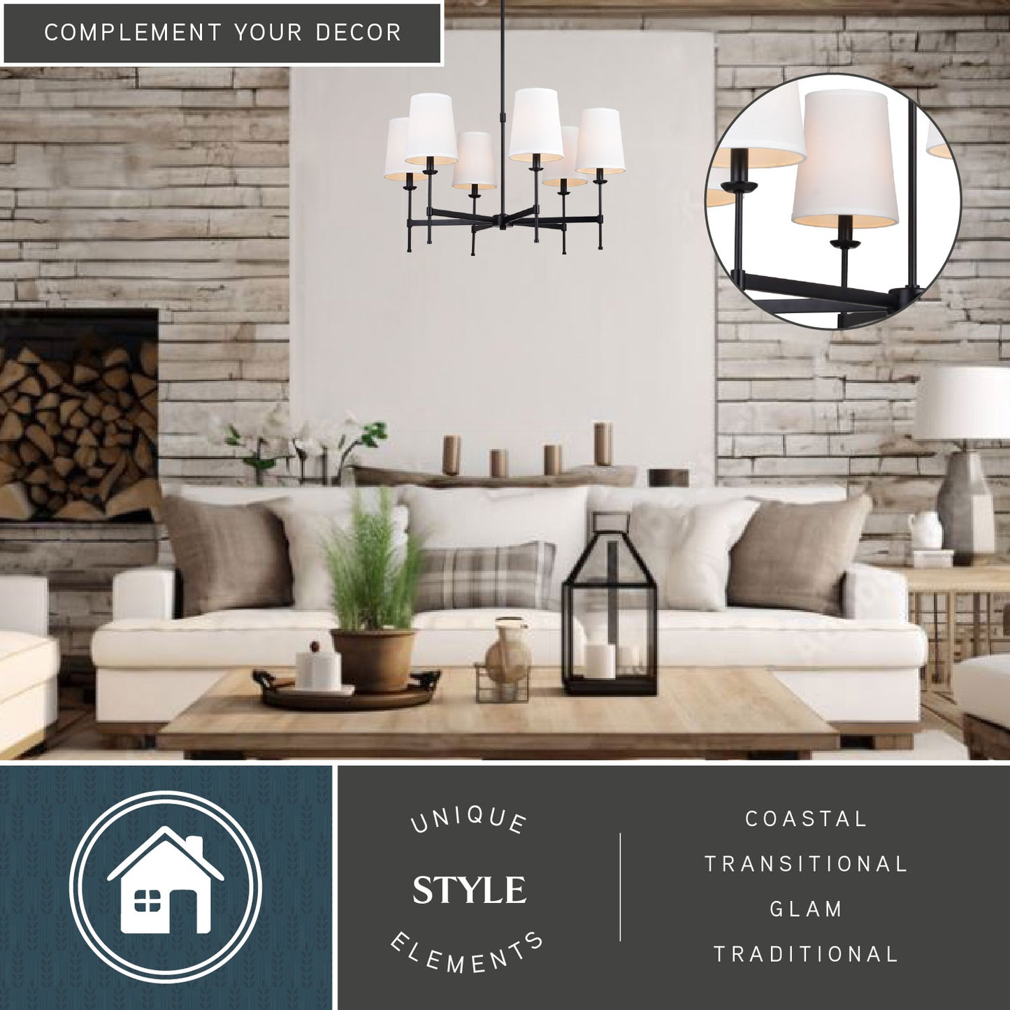Camden 30-inch 6 Light Chandelier displayed in a living room with stone décor, wooden accents, and coastal, transitional, glam and traditional styling