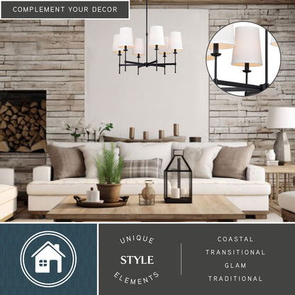 Camden 30-inch 6 Light Chandelier displayed in a living room with stone décor, wooden accents, and coastal, transitional, glam and traditional styling