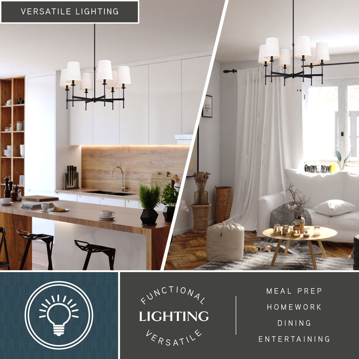 Versatile lighting display of the Camden 30-inch 6 Light Chandelier installed in kitchen and living room settings for meal prep, dining, homework, and entertaining