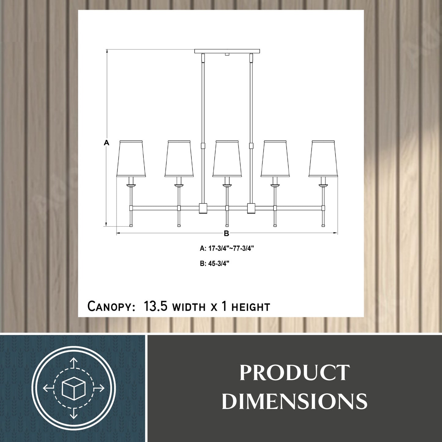Technical dimension drawing of the Camden 45.5-inch 5 Light Linear Chandelier showing height A: 17.75-inch to 77.75-inch and width B: 45.5-inch