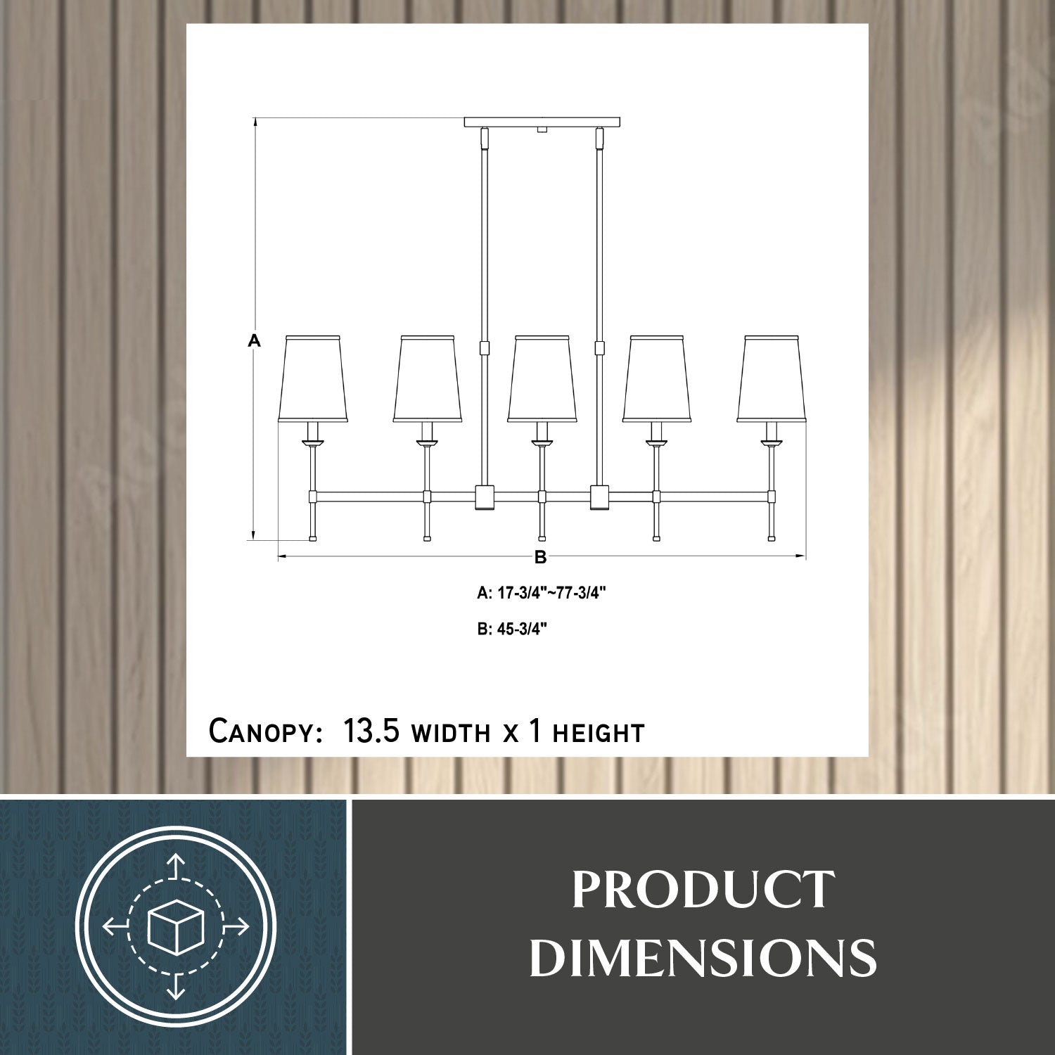 Technical dimension drawing of the Camden 45.5-inch 5 Light Linear Chandelier showing height A: 17.75-inch to 77.75-inch and width B: 45.5-inch