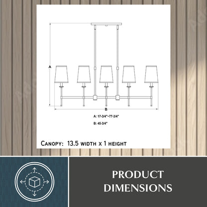 Technical dimension drawing of the Camden 45.5-inch 5 Light Linear Chandelier showing height A: 17.75-inch to 77.75-inch and width B: 45.5-inch