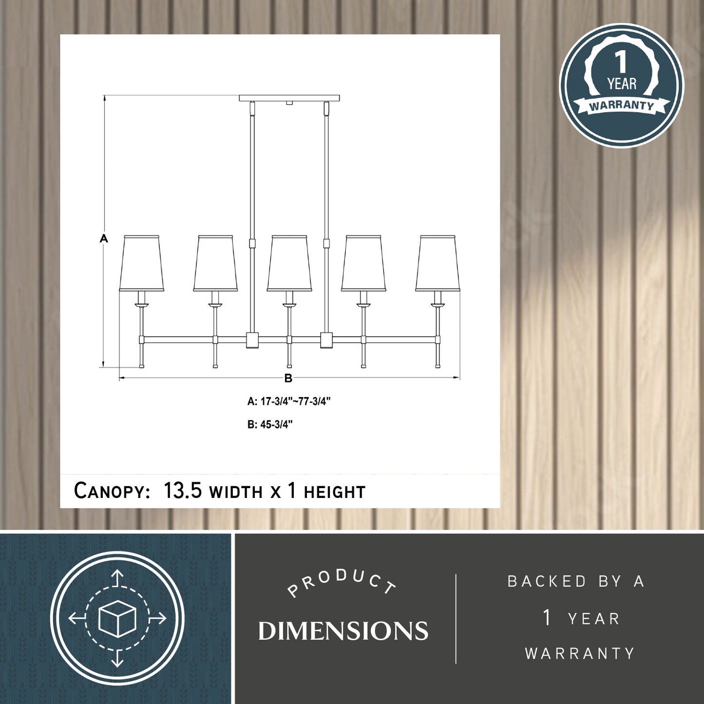 Camden 45.5-inch 5 Light Linear Chandelier dimension diagram showing adjustable height A: 17.75-inch to 77.75-inch and width B: 45.5-inch with canopy size 13.5-inch width × 1-inch height and 1-year warranty badge