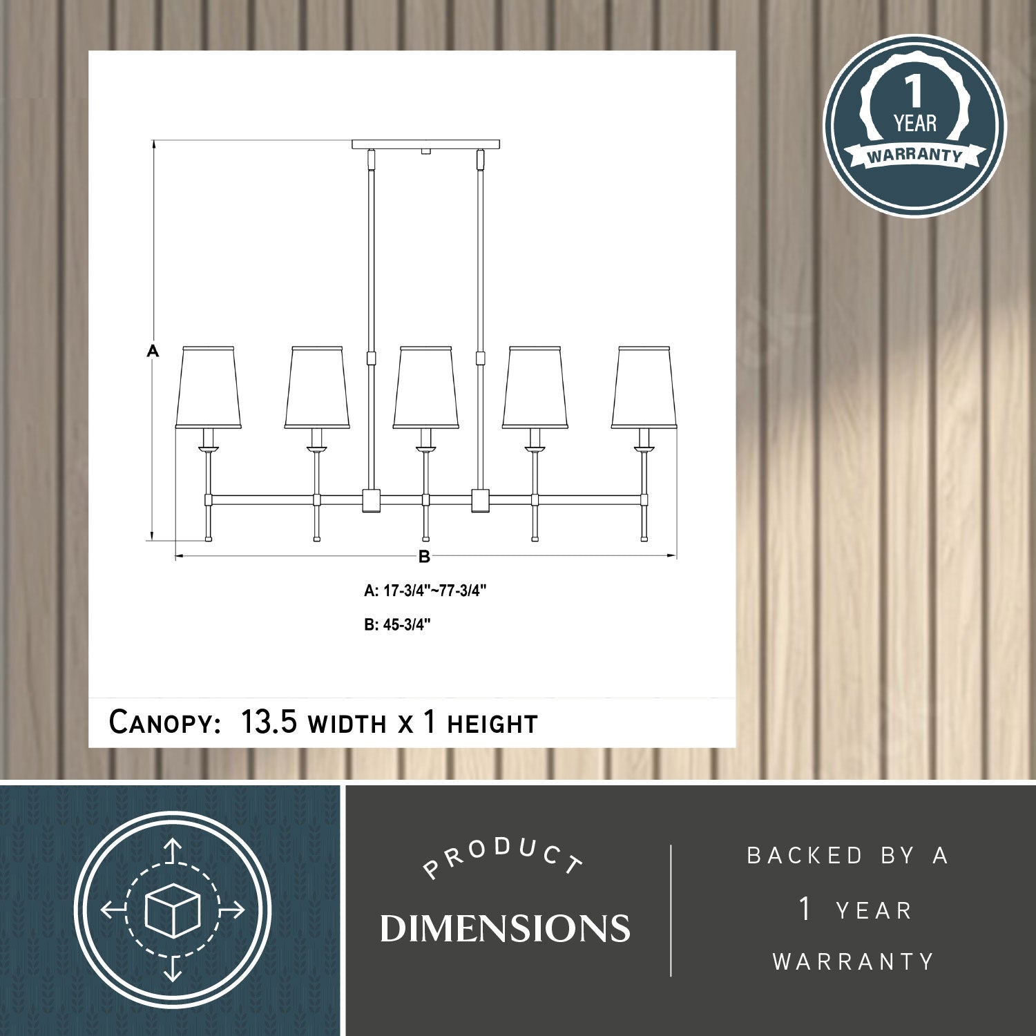 Camden 45.5-inch 5 Light Linear Chandelier dimension diagram showing adjustable height A: 17.75-inch to 77.75-inch and width B: 45.5-inch with canopy size 13.5-inch width × 1-inch height and 1-year warranty badge