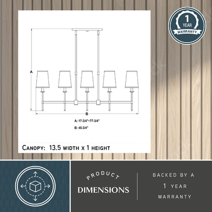 Camden 45.5-inch 5 Light Linear Chandelier dimension diagram showing adjustable height A: 17.75-inch to 77.75-inch and width B: 45.5-inch with canopy size 13.5-inch width × 1-inch height and 1-year warranty badge