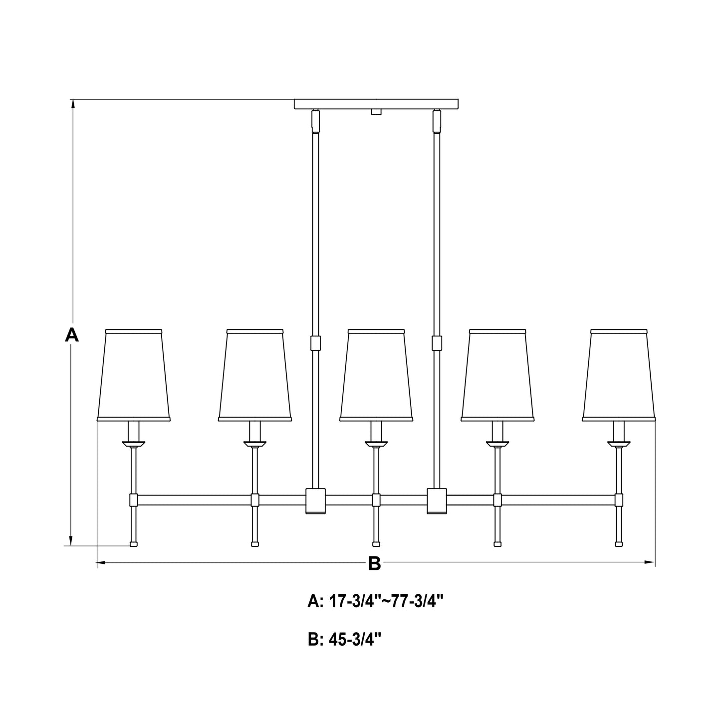 Line drawing of the Camden 45.5-inch 5 Light Linear Chandelier showing adjustable height A: 17.75-inch to 77.75-inch and width B: 45.5-inch