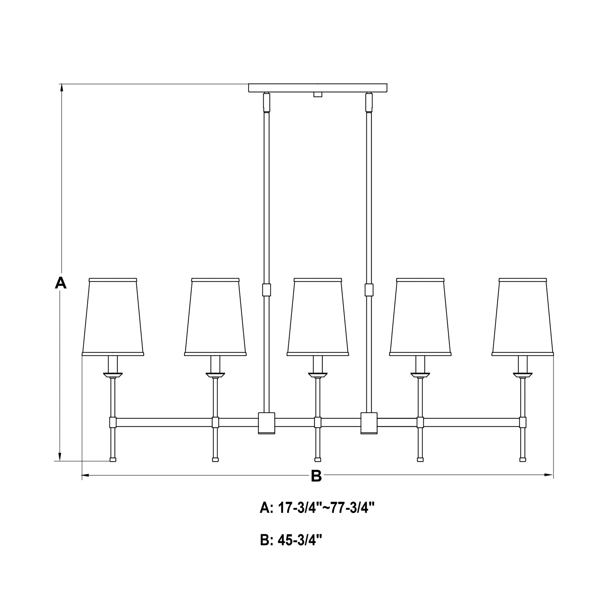 Line drawing of the Camden 45.5-inch 5 Light Linear Chandelier showing adjustable height A: 17.75-inch to 77.75-inch and width B: 45.5-inch