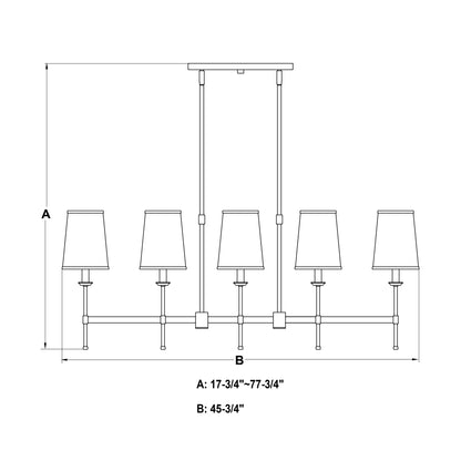 Line drawing of the Camden 45.5-inch 5 Light Linear Chandelier showing adjustable height A: 17.75-inch to 77.75-inch and width B: 45.5-inch