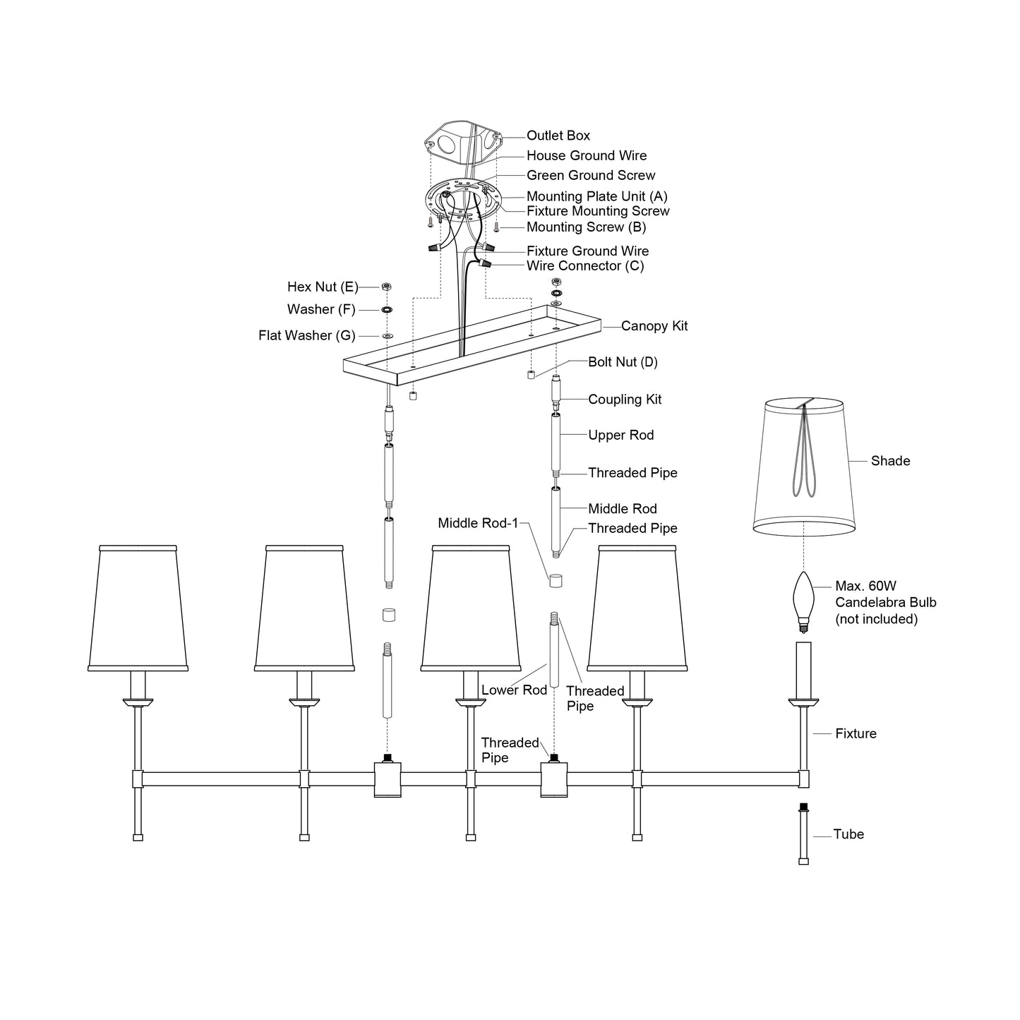 Exploded installation diagram of the Camden 45.5-inch 5 Light Linear Chandelier showing wiring, rods, threaded pipes, canopy kit, and shade assembly