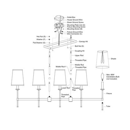 Exploded installation diagram of the Camden 45.5-inch 5 Light Linear Chandelier showing wiring, rods, threaded pipes, canopy kit, and shade assembly