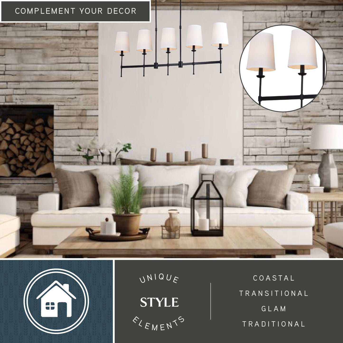 Camden 45.5-inch 5 Light Linear Chandelier styled in a cozy living room with stone accent wall and coastal, transitional, glam, and traditional decor elements