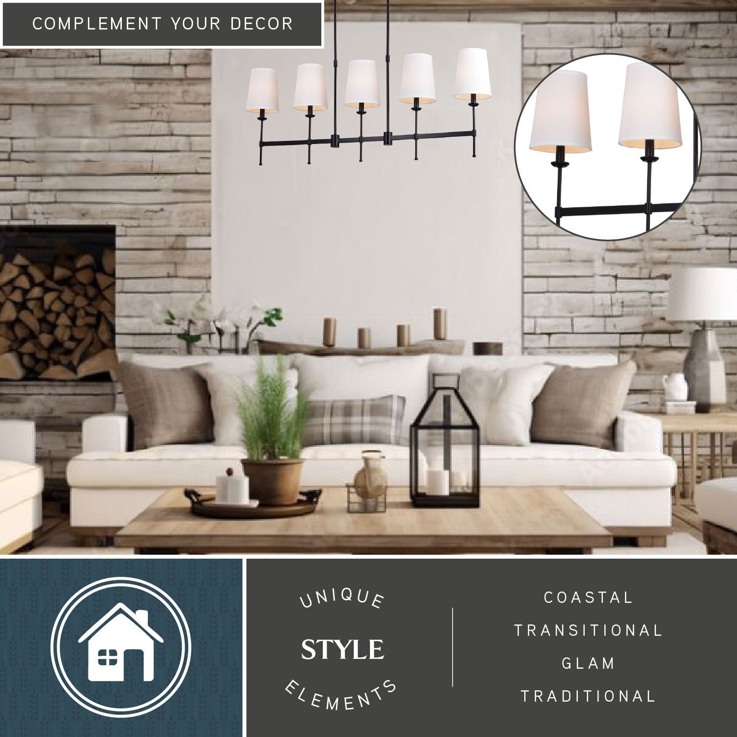Camden 45.5-inch 5 Light Linear Chandelier styled in a cozy living room with stone accent wall and coastal, transitional, glam, and traditional decor elements