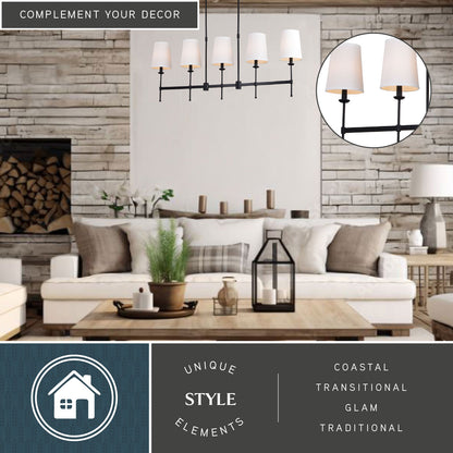 Camden 45.5-inch 5 Light Linear Chandelier styled in a cozy living room with stone accent wall and coastal, transitional, glam, and traditional decor elements
