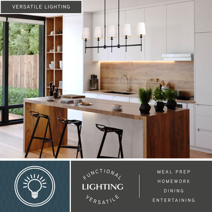 Camden 45.5-inch 5 Light Linear Chandelier displayed in a modern kitchen, highlighting its transitional style and functional lighting for meal prep, homework, dining, and entertaining