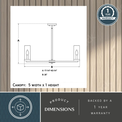 Grantley 26-inch 6 Light Indoor-Outdoor Chandelier dimension diagram showing adjustable height A: 17.25-inch to 62.25-inch, width B: 26-inch, canopy size 5-inch width by 1-inch height, and 1 year warranty badge