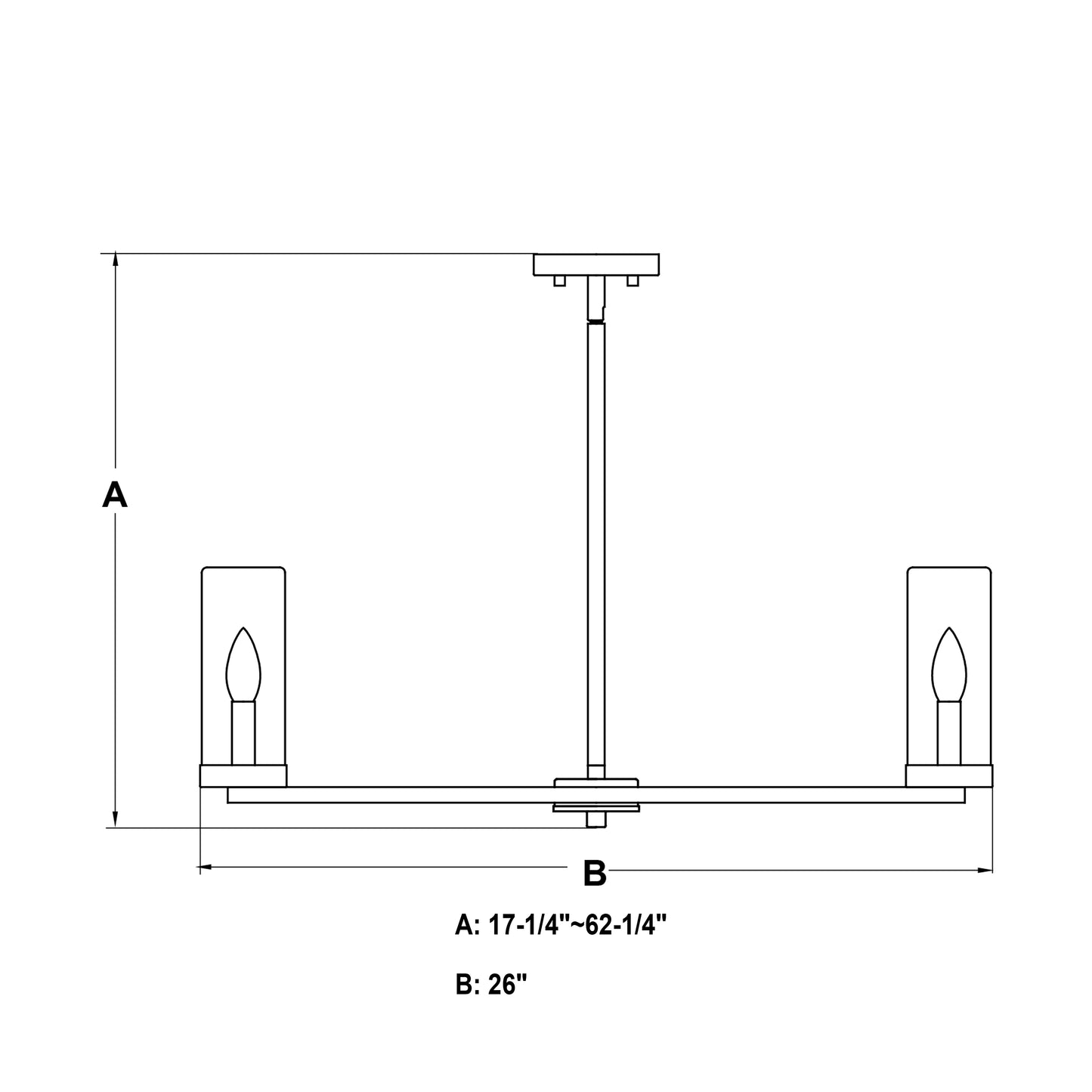 Technical dimension drawing of the Grantley 26-inch 6 Light Indoor-Outdoor Chandelier showing height A: 17.25-inch to 62.25-inch and width B: 26-inch