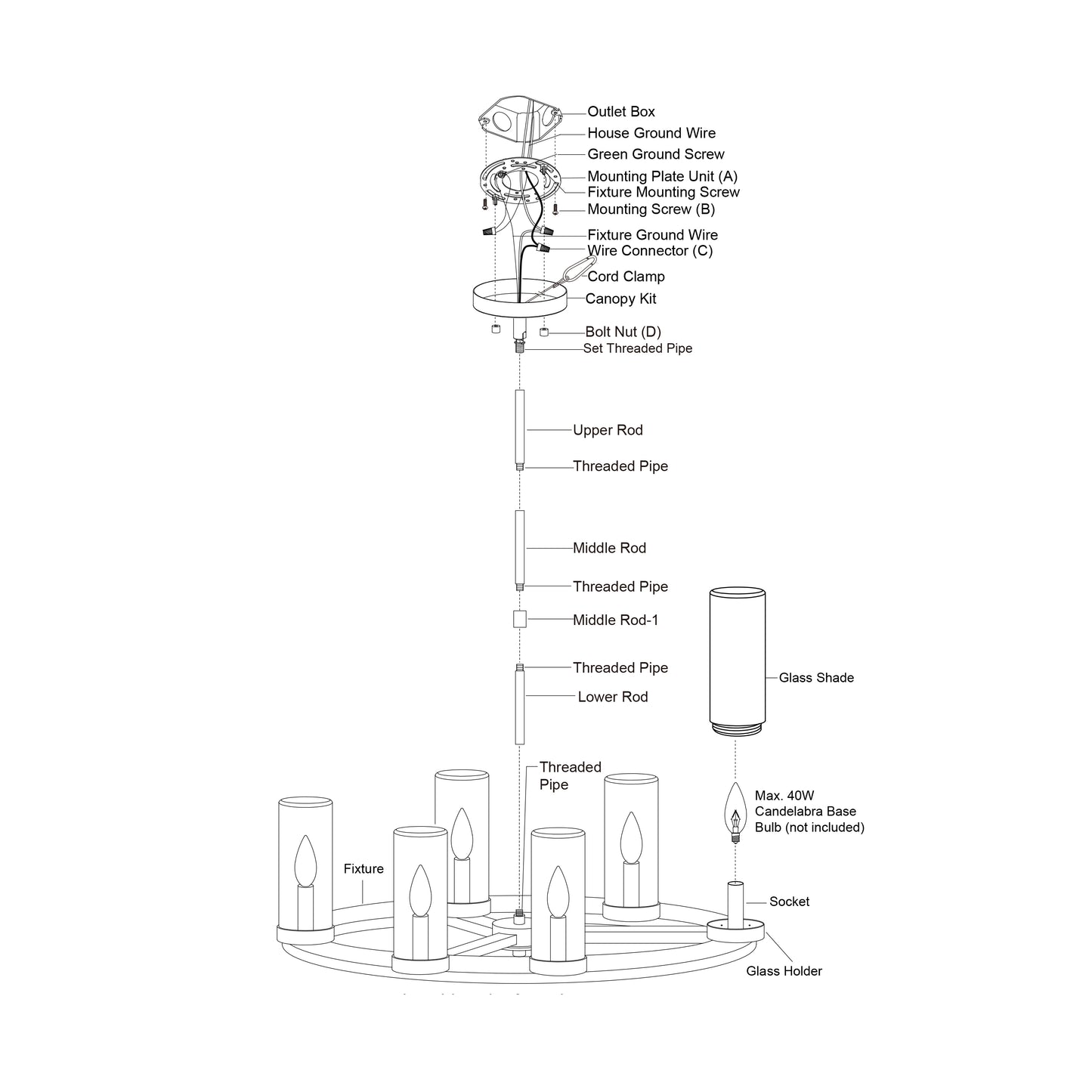 Exploded installation diagram of the Grantley 26-inch 6 Light Indoor-Outdoor Chandelier showing wiring, rods, threaded pipes, glass shades, socket, and bulb assembly