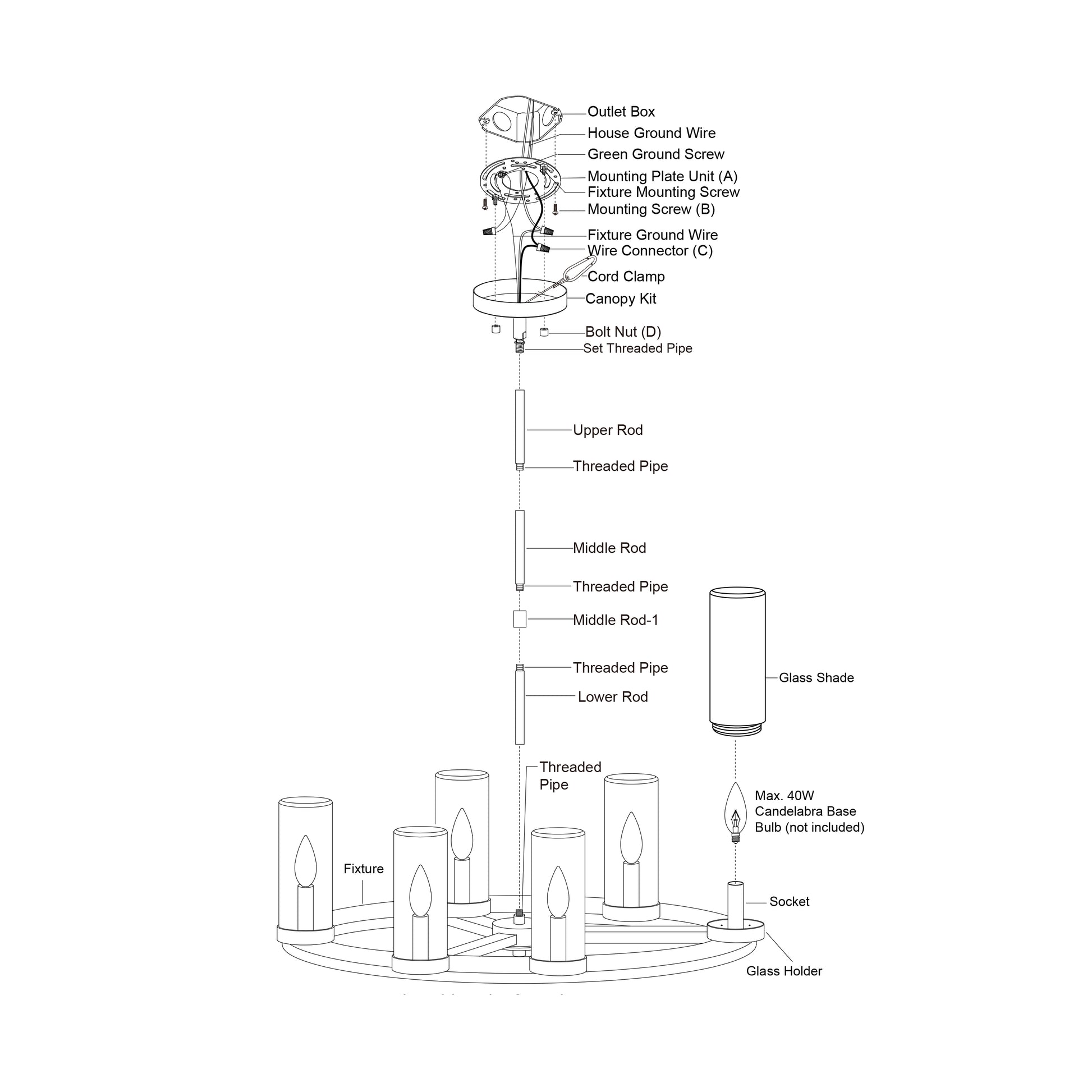 Exploded installation diagram of the Grantley 26-inch 6 Light Indoor-Outdoor Chandelier showing wiring, rods, threaded pipes, glass shades, socket, and bulb assembly