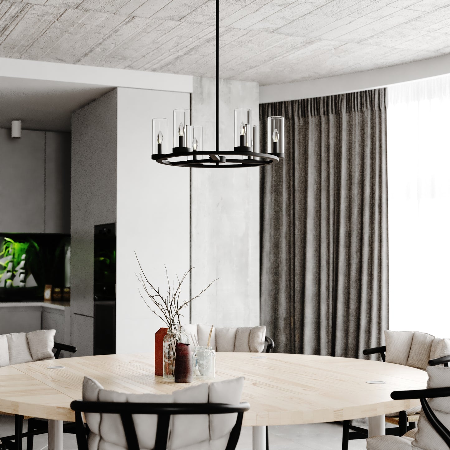 Grantley 26-inch 6 Light Indoor-Outdoor Chandelier in matte black displayed in a modern dining room with a round table, upholstered chairs, full-length curtains, and contemporary decor elements