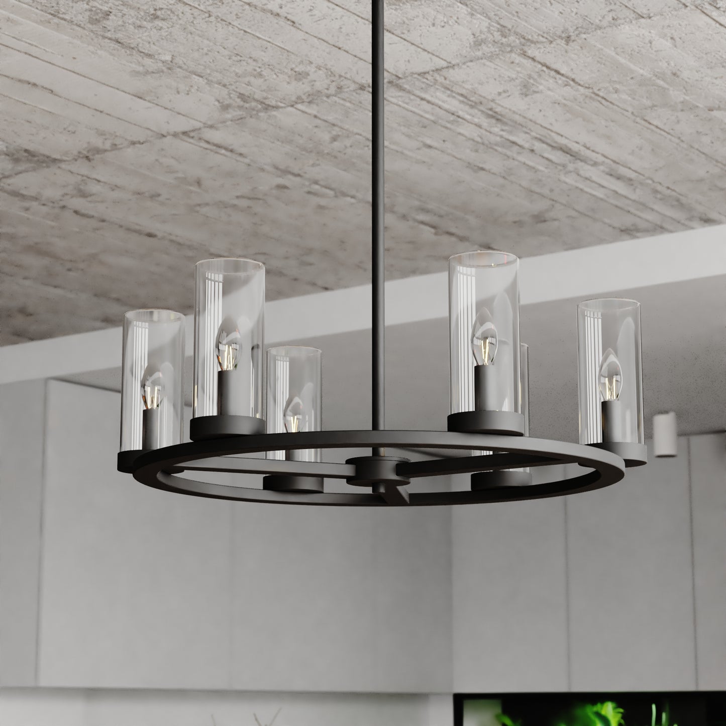 Close-up view of the Grantley 26-inch 6 Light Indoor-Outdoor Chandelier showing matte black ring frame and six clear glass cylinder shades in a modern setting