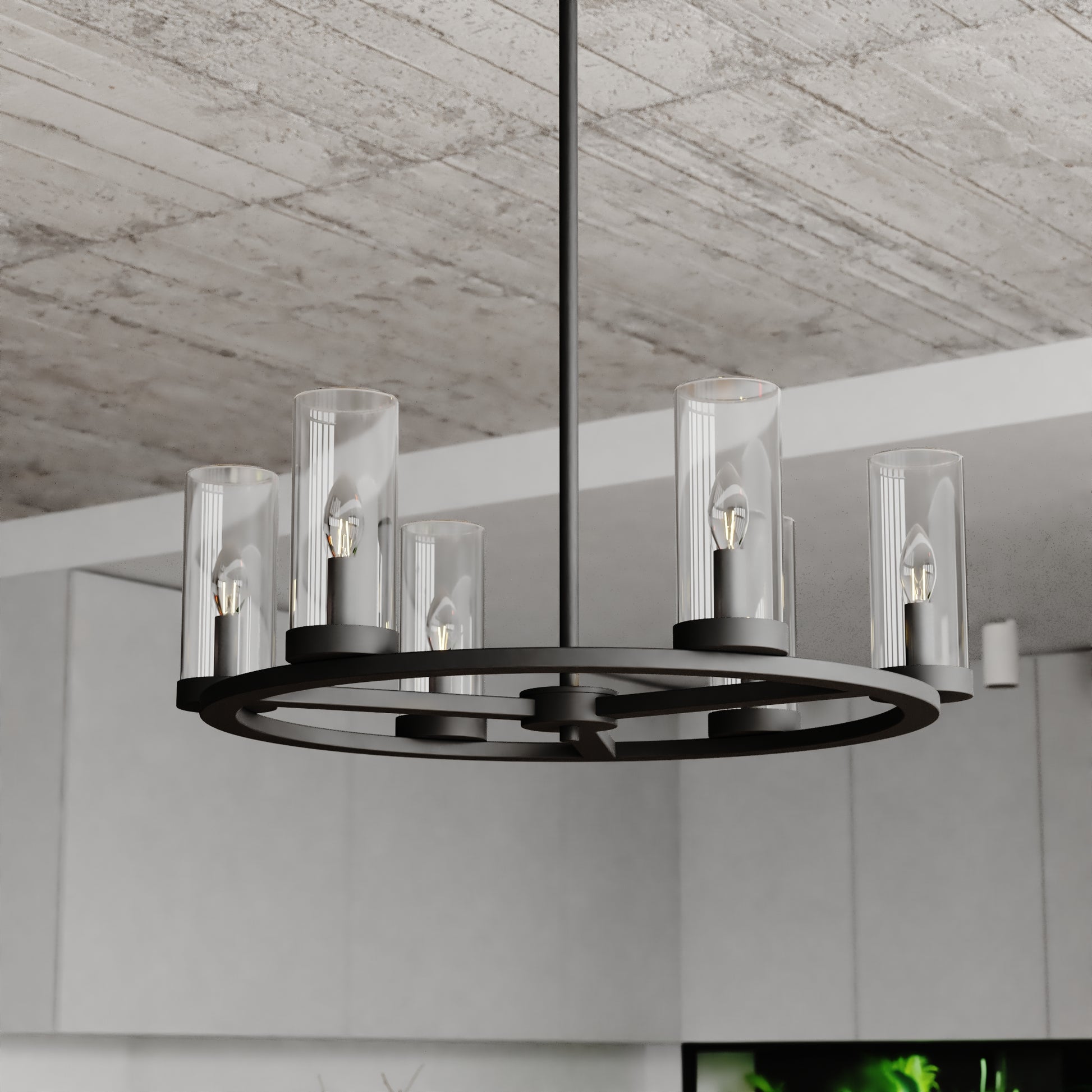 Close-up view of the Grantley 26-inch 6 Light Indoor-Outdoor Chandelier showing matte black ring frame and six clear glass cylinder shades in a modern setting