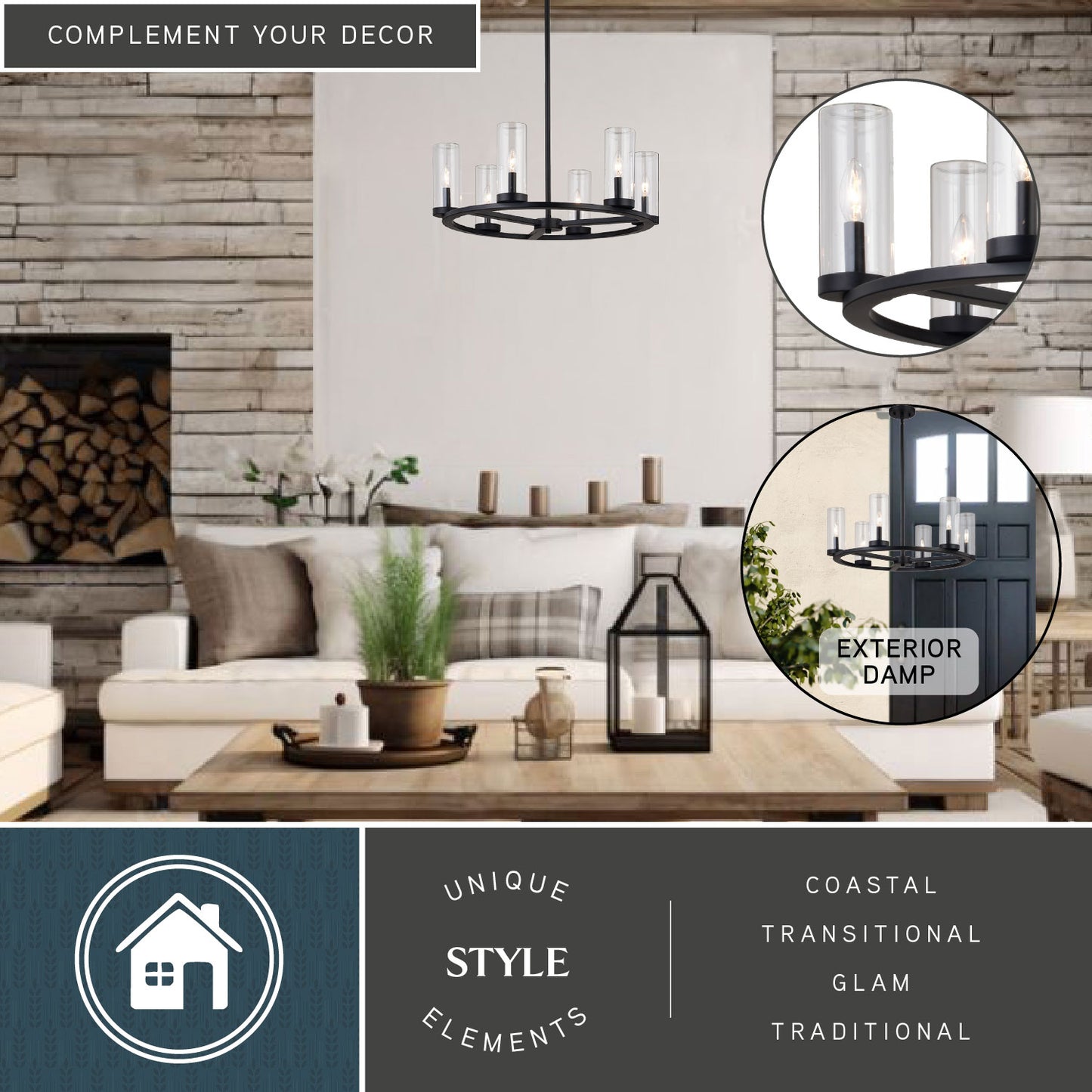 Grantley 26-inch 6 Light Indoor-Outdoor Chandelier displayed in a living room with stone accent wall, wooden décor, and coastal, transitional, glam, and traditional style elements, featuring close-up views of clear glass cylinders and exterior damp rating