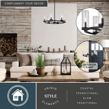 Grantley 26-inch 6 Light Indoor-Outdoor Chandelier displayed in a living room with stone accent wall, wooden décor, and coastal, transitional, glam, and traditional style elements, featuring close-up views of clear glass cylinders and exterior damp rating