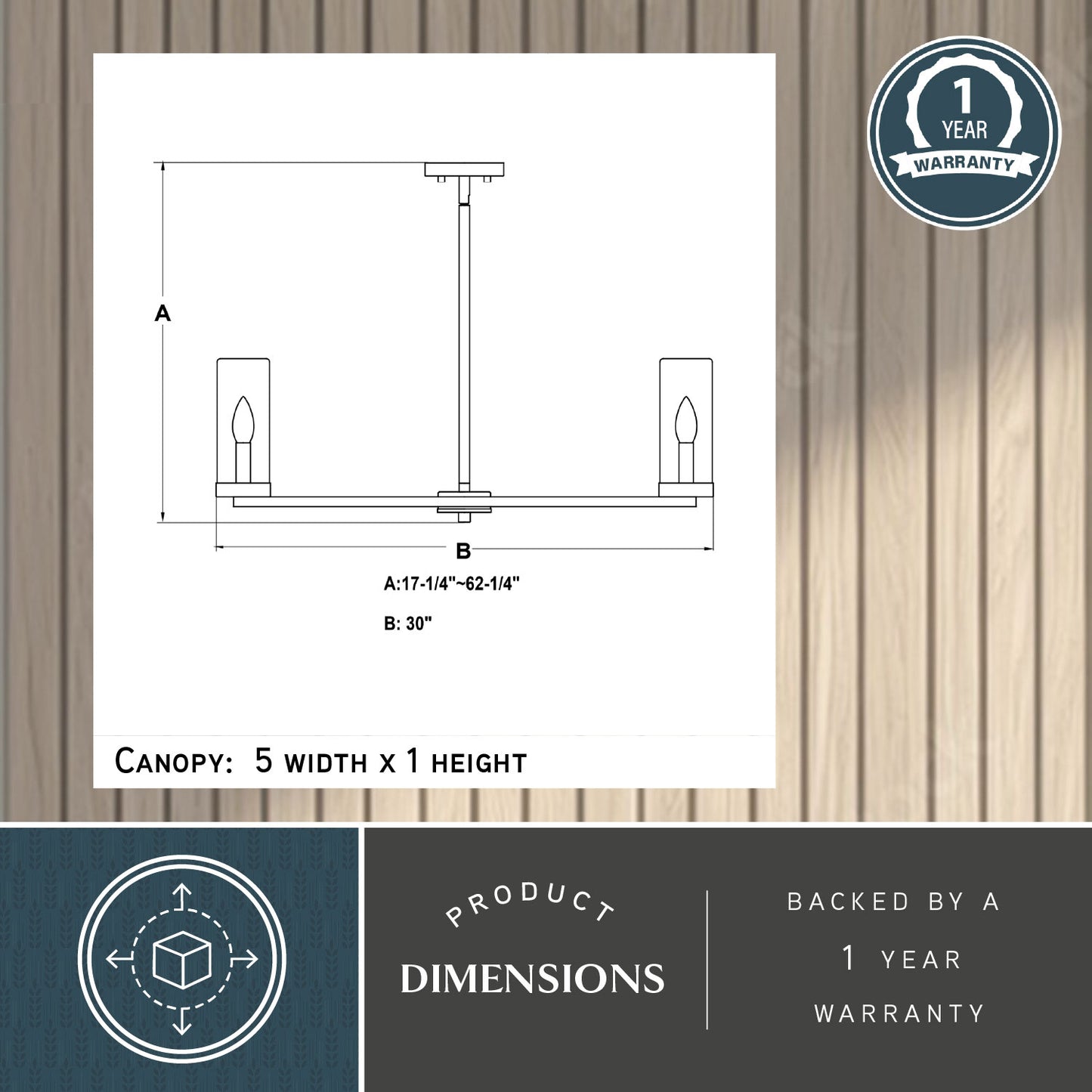 Technical diagram of the Grantley 30-inch chandelier showing height range of 17.25 to 62.25 inches and 30-inch width, along with canopy size details