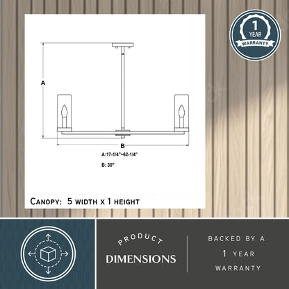 Technical diagram of the Grantley 30-inch chandelier showing height range of 17.25 to 62.25 inches and 30-inch width, along with canopy size details