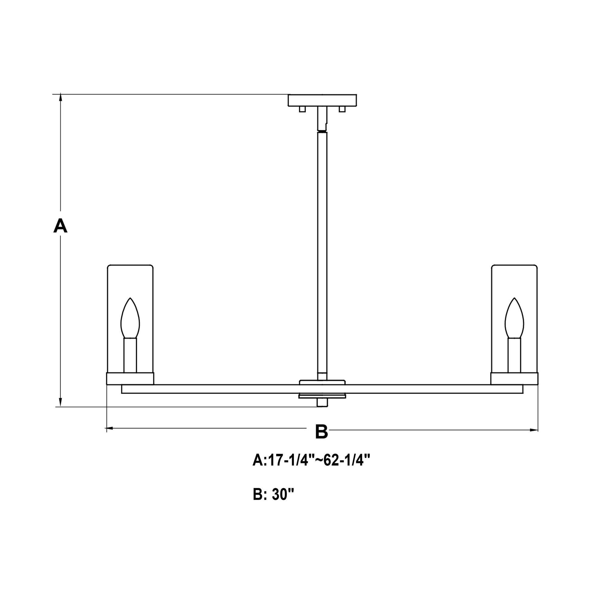 Front technical drawing of the Grantley 30-inch chandelier showing adjustable height range of 17.25 to 62.25 inches and 30-inch width.