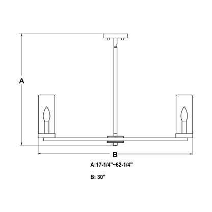 Front technical drawing of the Grantley 30-inch chandelier showing adjustable height range of 17.25 to 62.25 inches and 30-inch width.