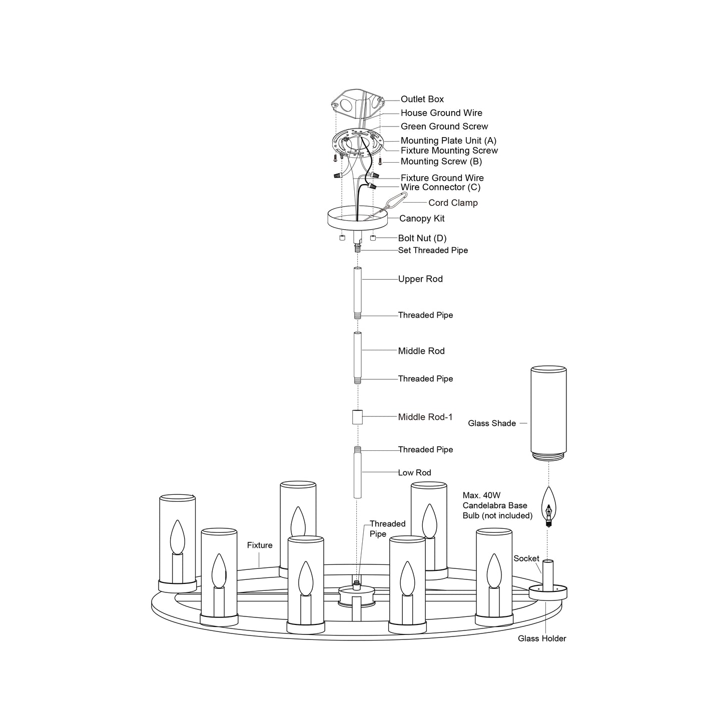 Assembly diagram of the Grantley 30-inch chandelier showing rods, threaded pipes, glass shades, sockets, canopy kit, and wiring components