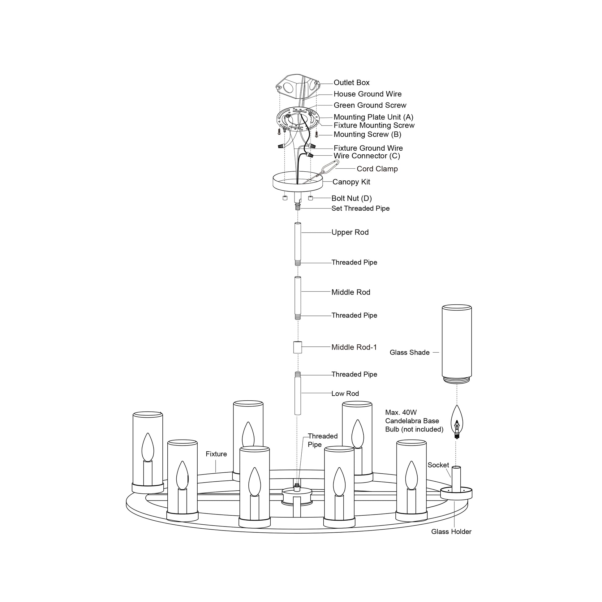 Assembly diagram of the Grantley 30-inch chandelier showing rods, threaded pipes, glass shades, sockets, canopy kit, and wiring components