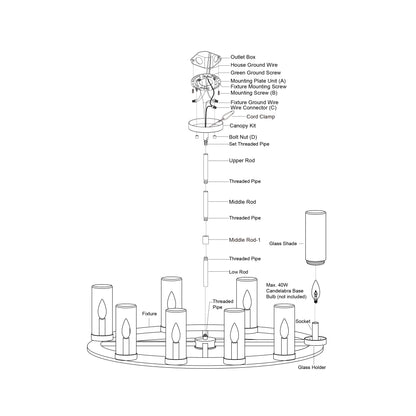 Assembly diagram of the Grantley 30-inch chandelier showing rods, threaded pipes, glass shades, sockets, canopy kit, and wiring components