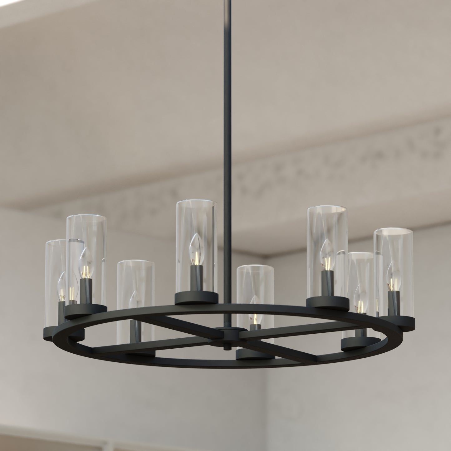 Close-up view of the Grantley 30-inch black circular chandelier featuring eight clear glass cylinder shades.
