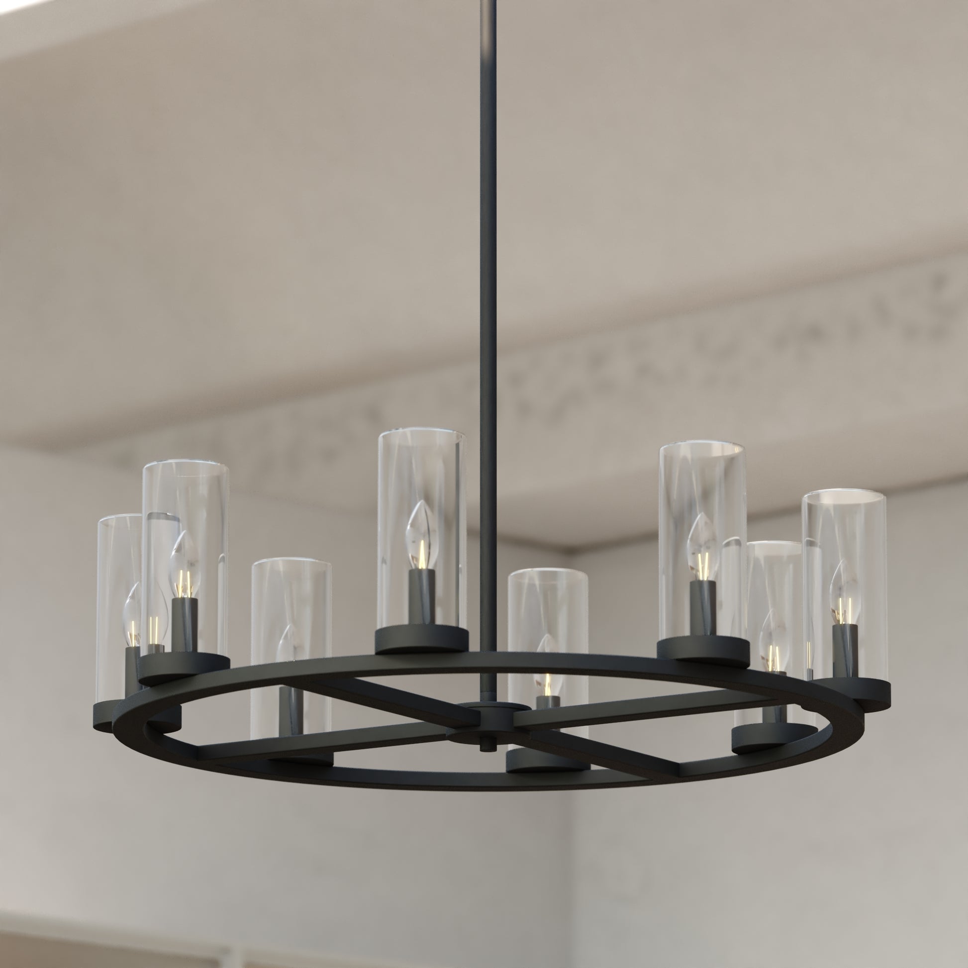 Close-up view of the Grantley 30-inch black circular chandelier featuring eight clear glass cylinder shades.