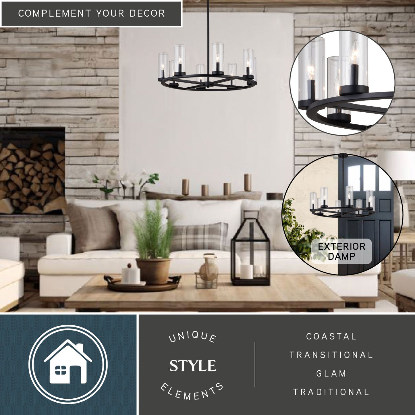 Grantley 30-inch black circular chandelier shown in a styled living room and outdoor entryway, highlighting its indoor and damp-rated outdoor use.