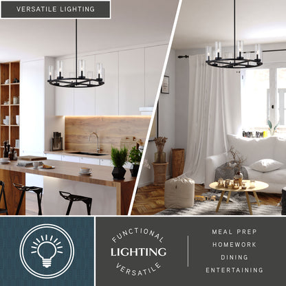 Grantley 30-inch black circular chandelier displayed in a modern kitchen and cozy living room, showing its versatile functional lighting.