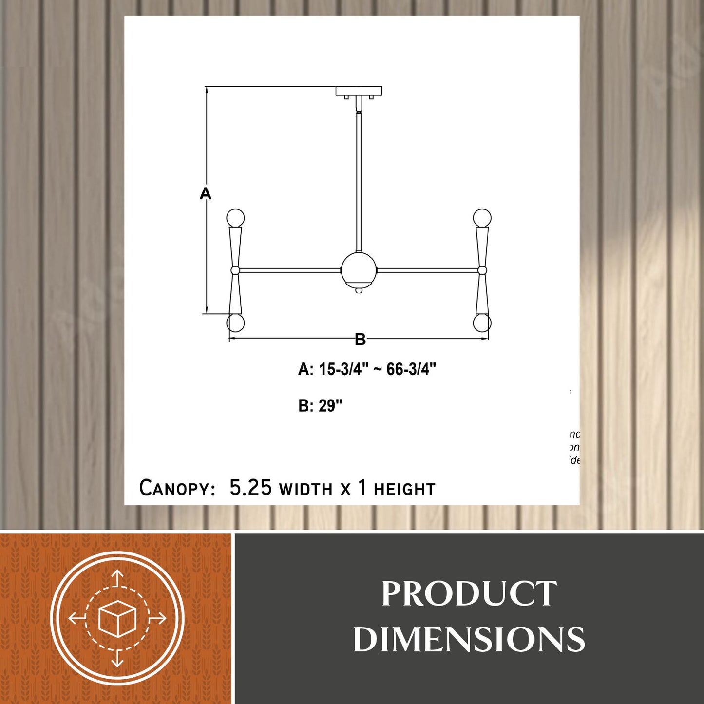 Technical dimension drawing of the Drake 29-inch 16 Light Chandelier showing height A: 15.75-inch to 66.75-inch, width B: 29-inch, and canopy size: 5.25-inch width × 1-inch height.