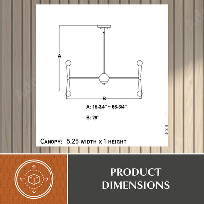 Technical dimension drawing of the Drake 29-inch 16 Light Chandelier showing height A: 15.75-inch to 66.75-inch, width B: 29-inch, and canopy size: 5.25-inch width × 1-inch height.