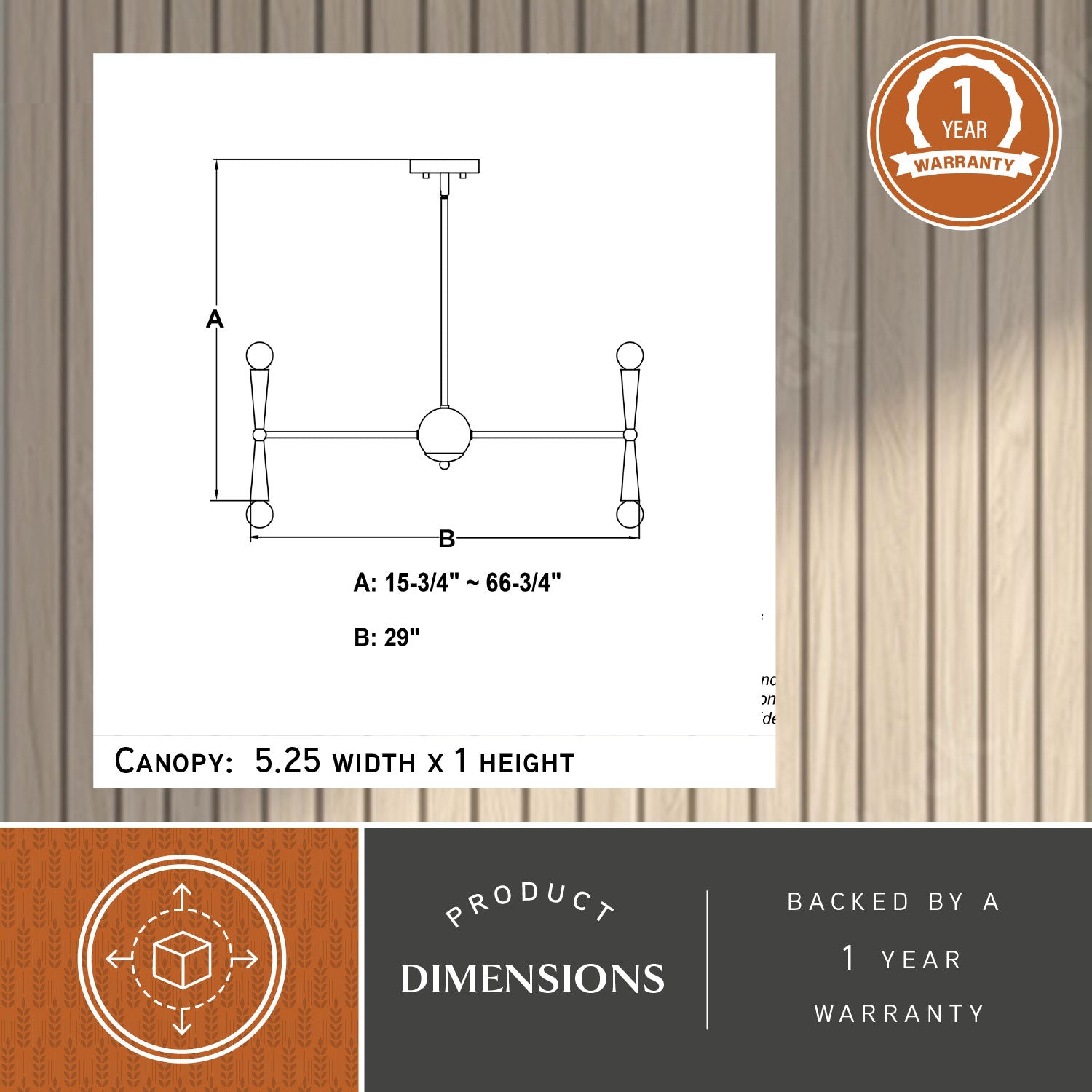 Drake 29-inch 16 Light Chandelier dimension diagram showing adjustable height A: 15.75-inch to 66.75-inch, width B: 29-inch, and canopy size: 5.25-inch width × 1-inch height and 1 year warranty badge.