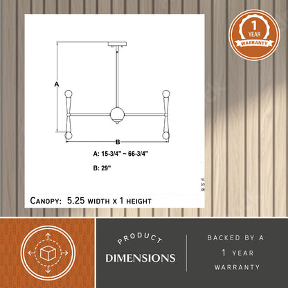 Drake 29-inch 16 Light Chandelier dimension diagram showing adjustable height A: 15.75-inch to 66.75-inch, width B: 29-inch, and canopy size: 5.25-inch width × 1-inch height and 1 year warranty badge.