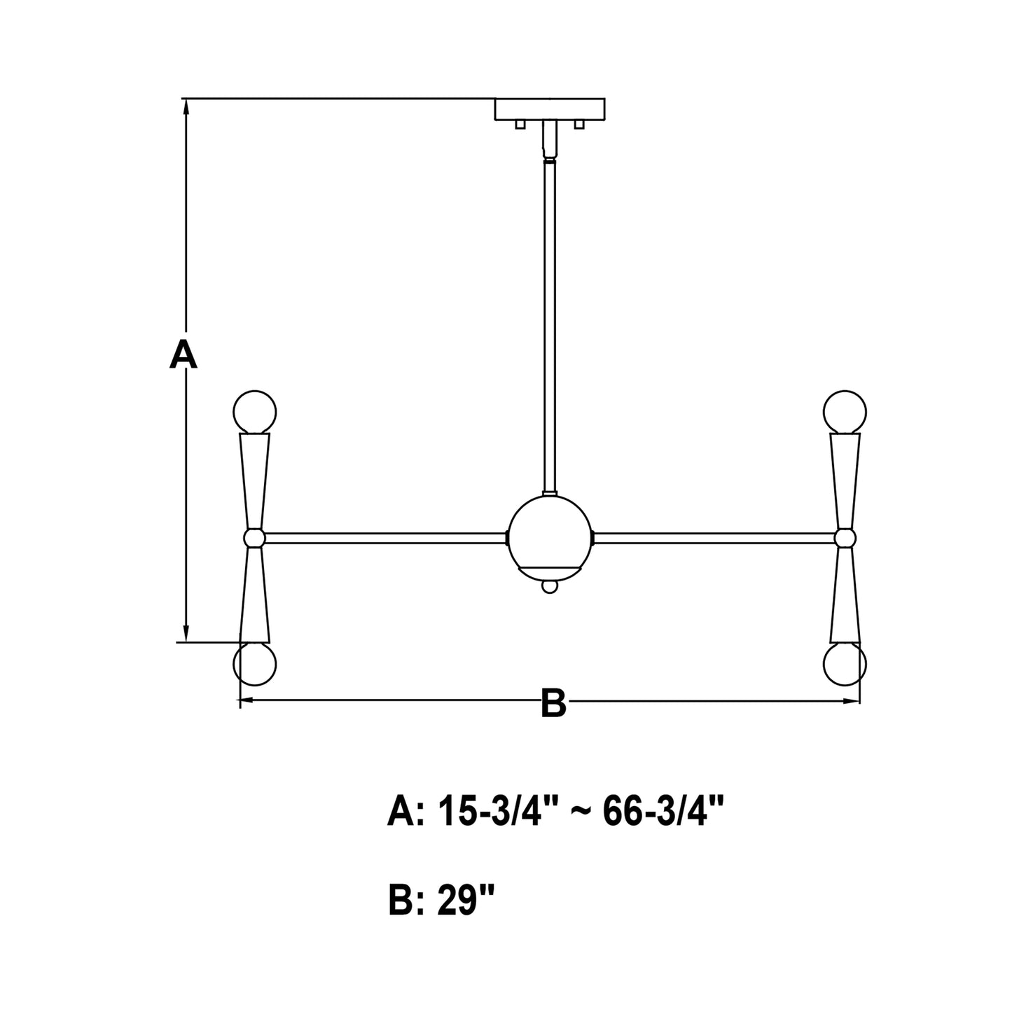 Drake 29-inch 16 Light Chandelier line drawing showing adjustable height A: 15.75-inch to 66.75-inch and width B: 29-inch