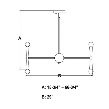 Drake 29-inch 16 Light Chandelier line drawing showing adjustable height A: 15.75-inch to 66.75-inch and width B: 29-inch