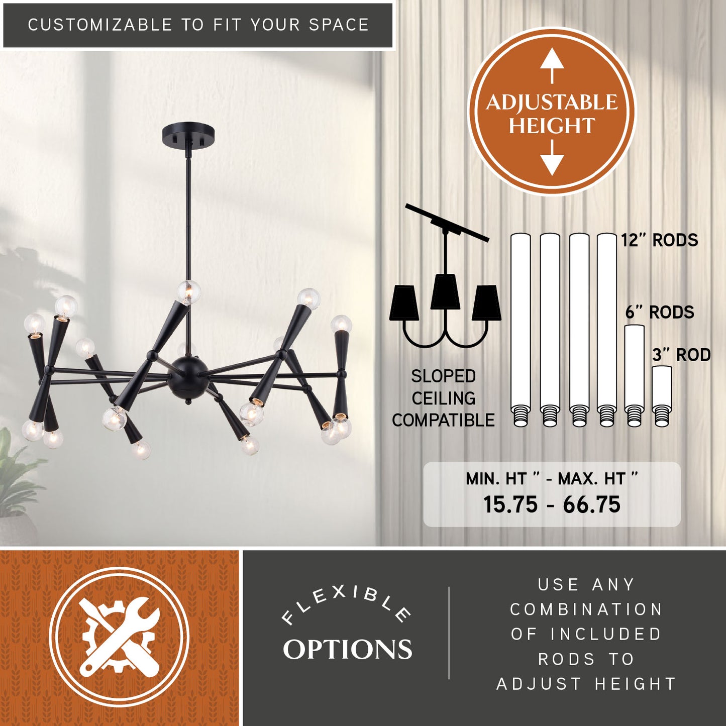 Drake 29-inch 16 Light Chandelier with 15.75-inch to 66.75-inch adjustable height, sloped ceiling compatibility, and included 12-inch, 6-inch, and 3-inch rods for flexible installation options
