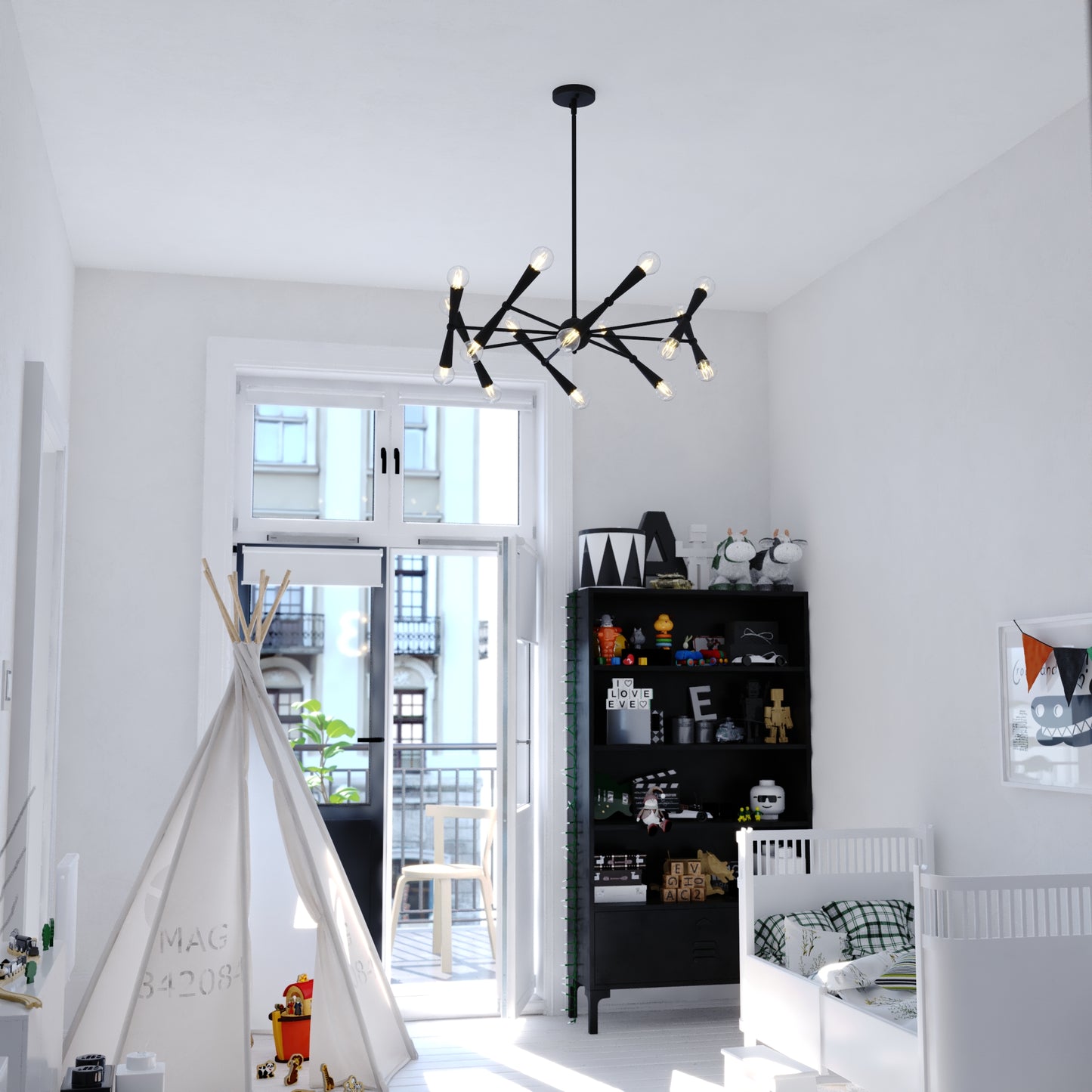 Drake 29-inch 16 Light Chandelier in matte black installed in a modern kids' room with large windows and playful decor